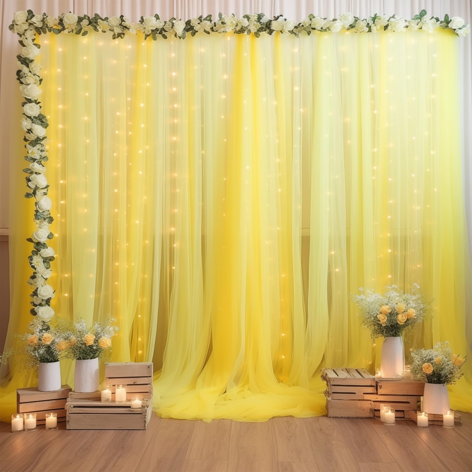 10×10ft Yellow Tulle Backdrop Curtain with Lights String for Parties, Sheer C...