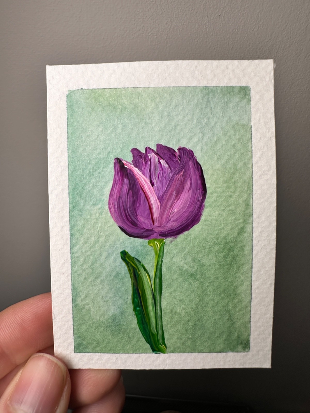 ACEO Original Tulip Flower Purple and Green Springtime Acrylic by YParishStudio