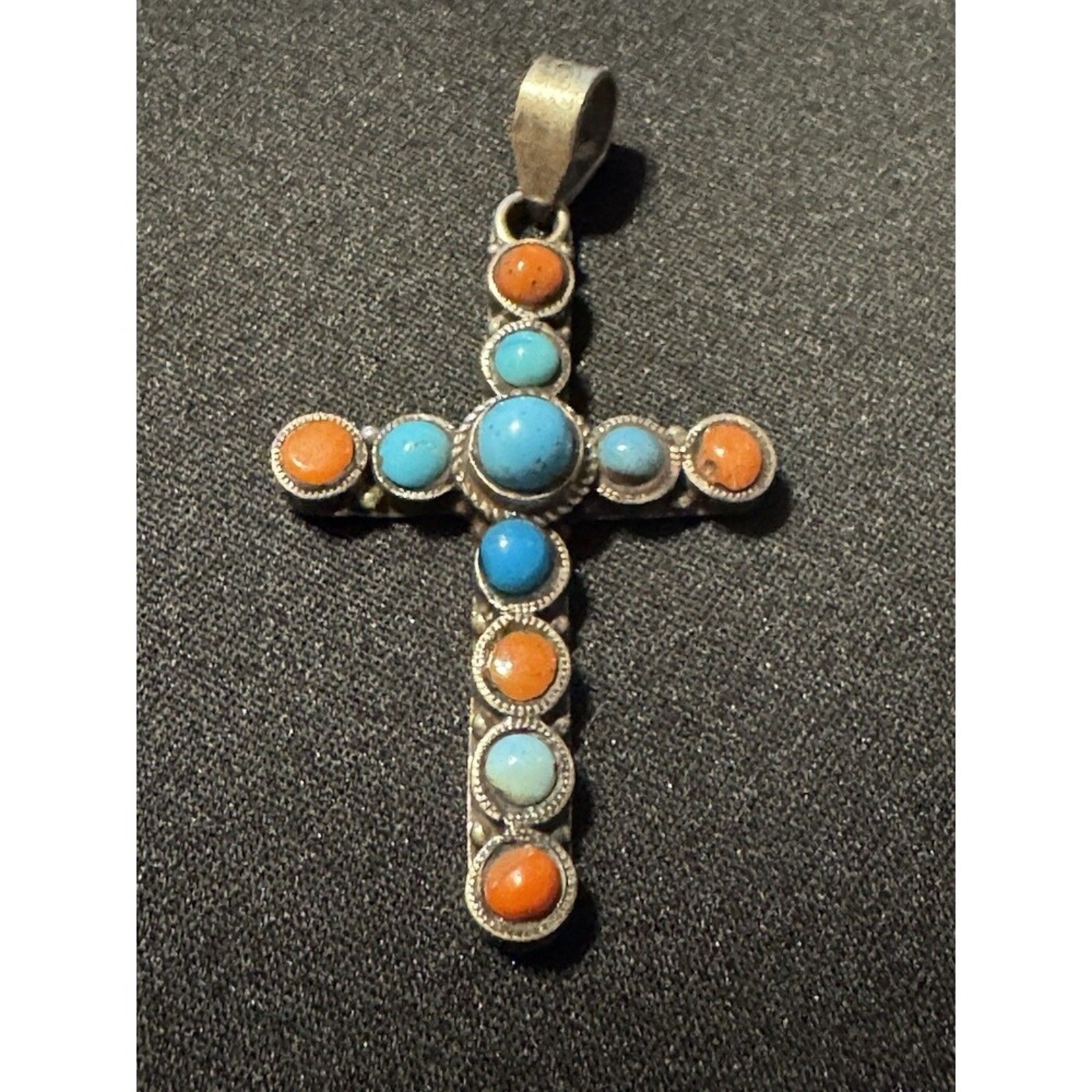925 Sterling Silver Vintage Turquoise / Coral Cross