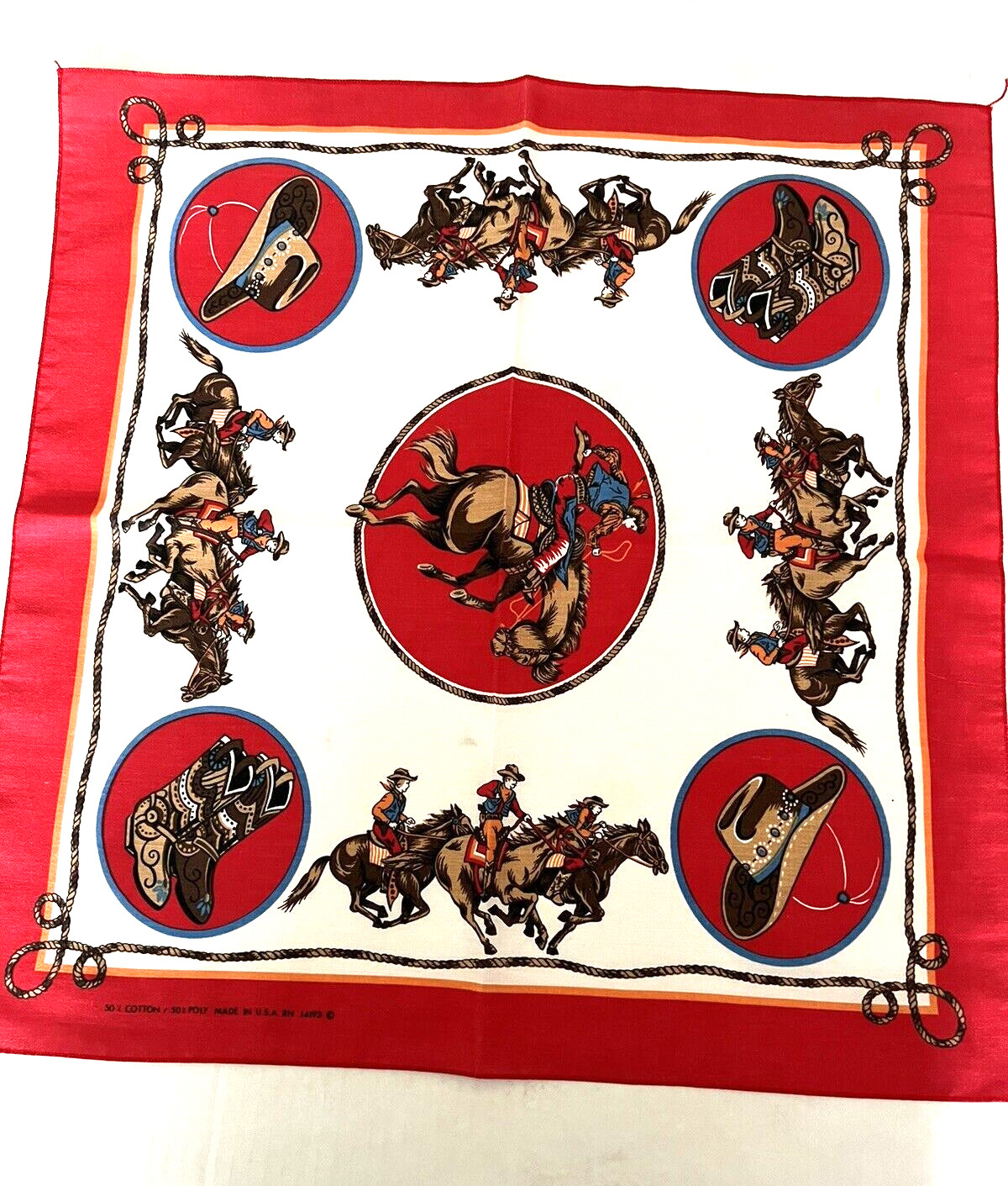Vintage Western Cowboy Bandana/ Napkin RN 14193 - 21" x 21"