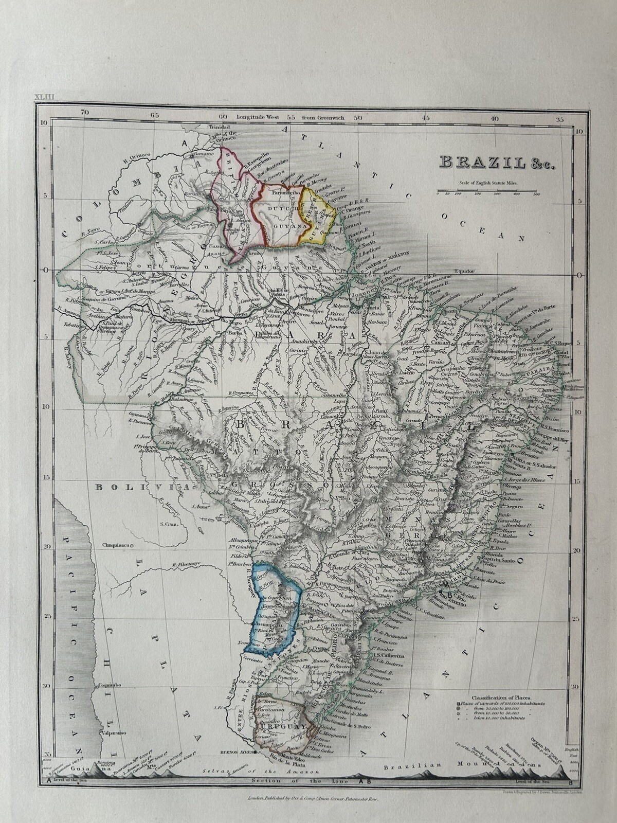 1851 Brazil Hand Coloured Antique Map By John Dower Showing Mountains