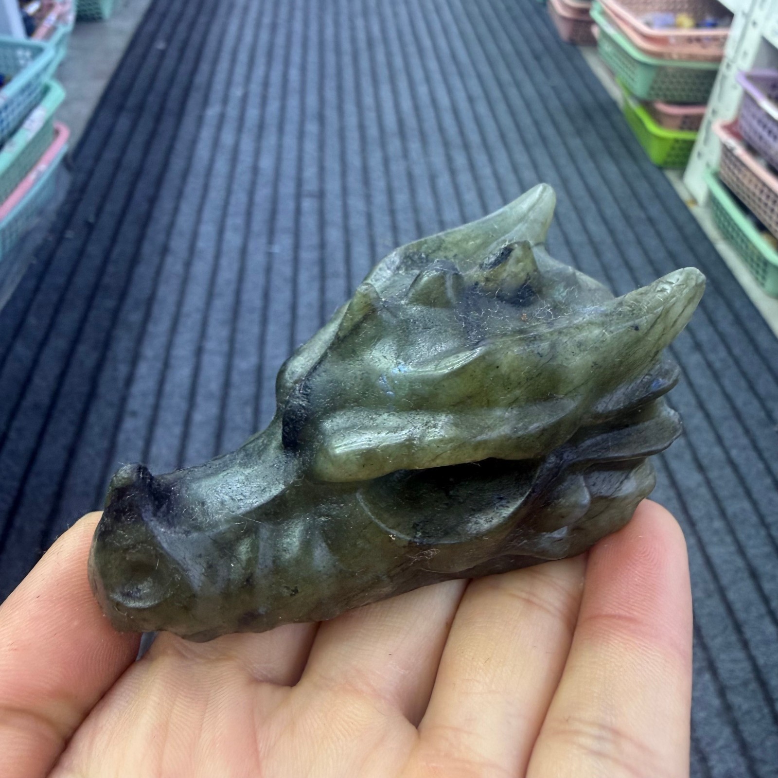 3" natural Labradorite dragon head Quartz Crystal Carved Reiki Healing 1pc