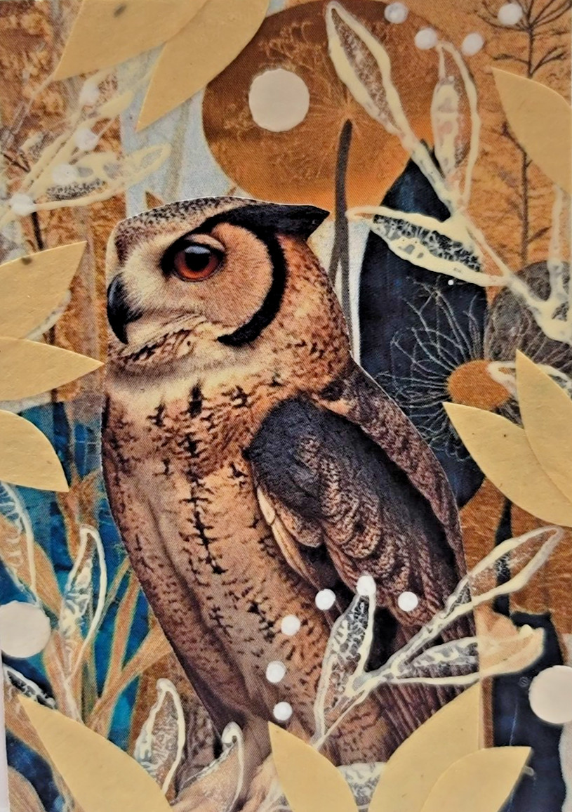ACEO Original Mixed Media Collage Owl One of a Kind  Handmade Art