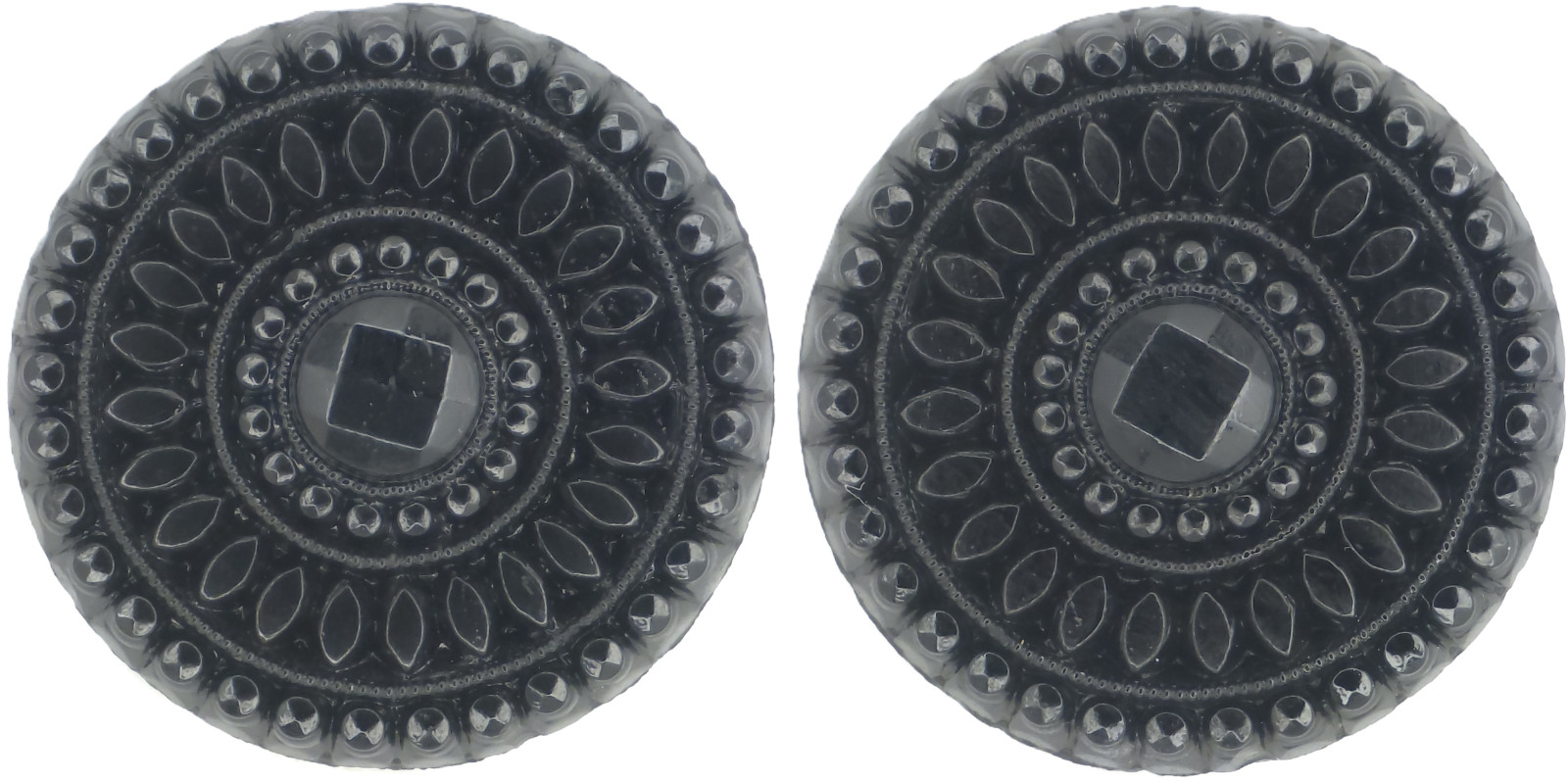 C1920-30s Antique Black Glass Lacy Sunburst Button Cut Steel Set 2 Matching .94"