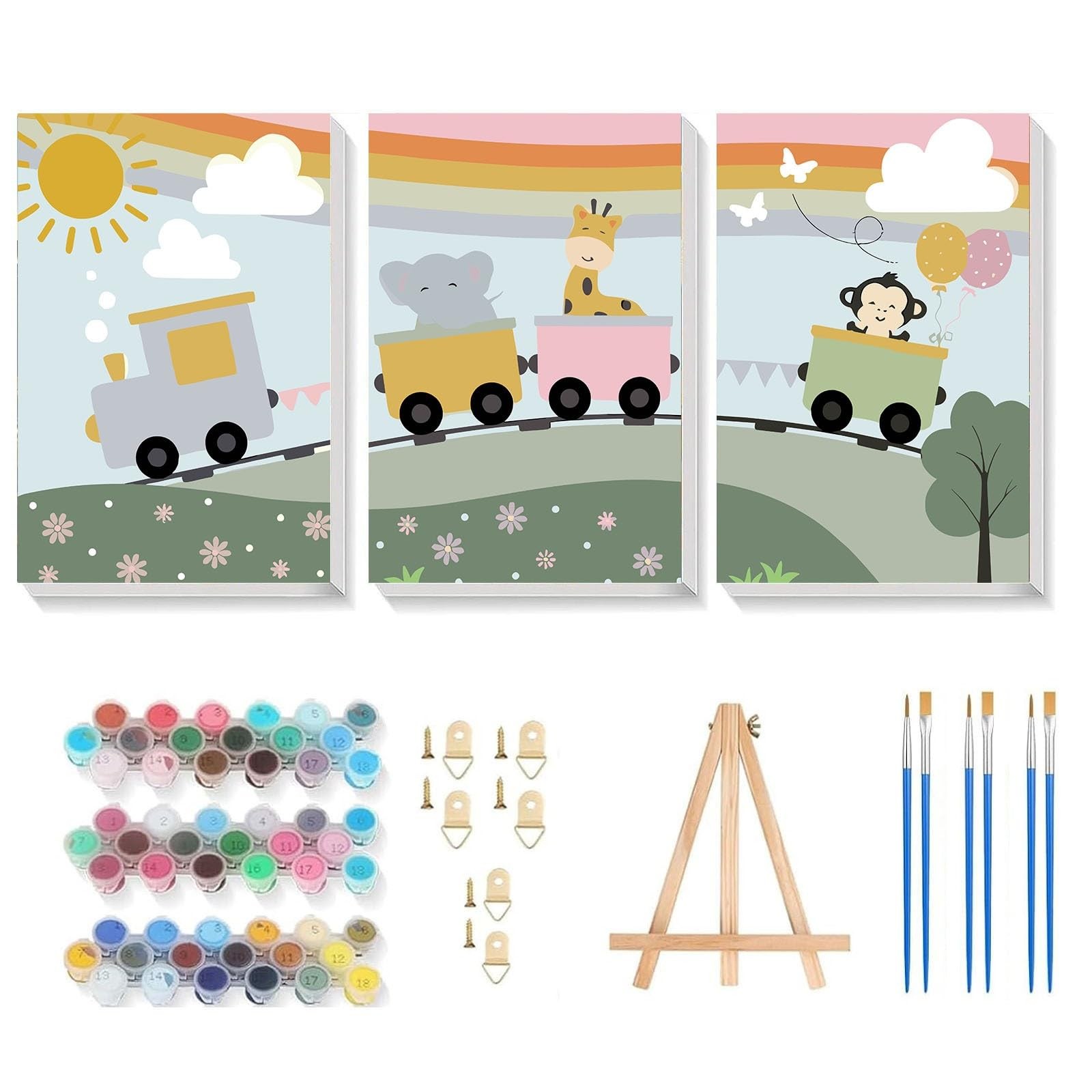 3 Pack Paint by Numbers Kit for Kids with Frame and Easel, Cute Animals Kids Pai