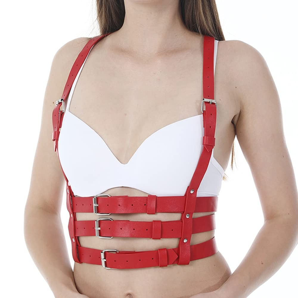 Women Rave Body Chest Harness Waist Belt Caged Bra Festival Dance Club Party Red