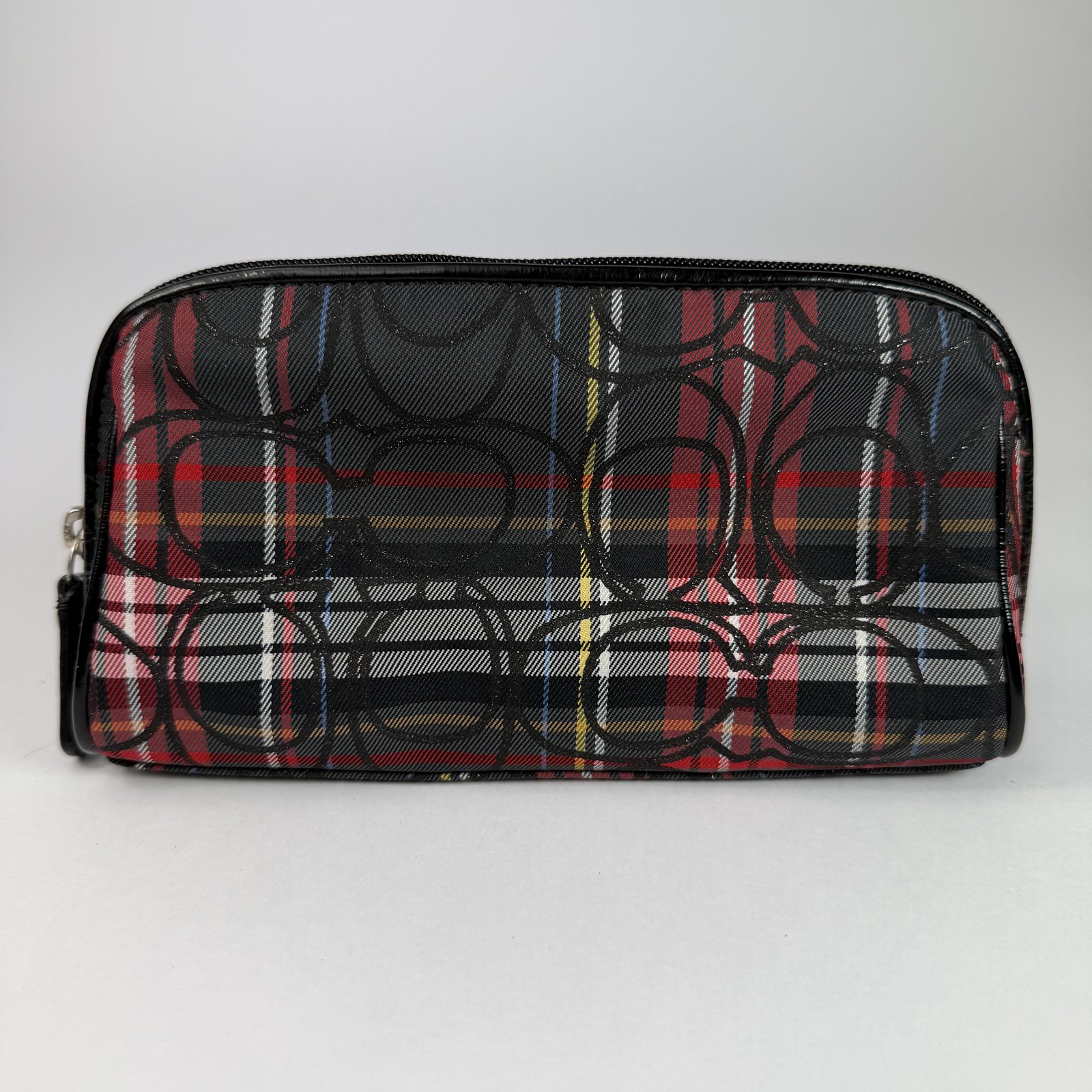 Coach Poppy Tartan Plaid Red Black Multi Stripe Small Cosmetic Case Bag Zip