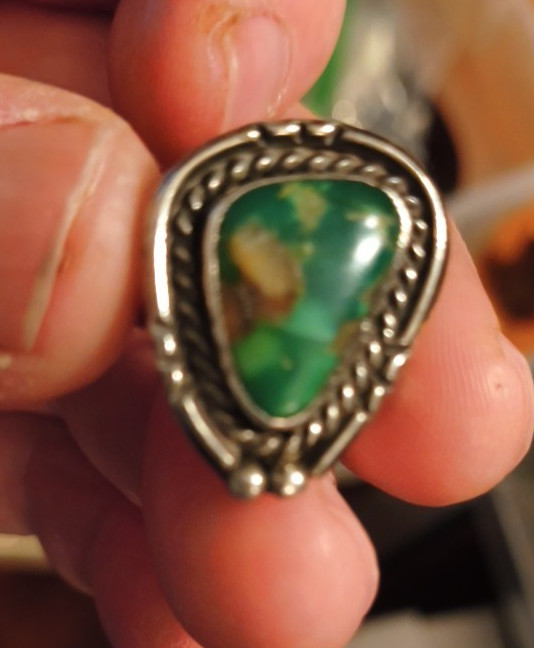 VINTAGE NAVAJO Sterling Silver GREEN BLUE TURQUOISE RING Rope EDGE SIZE 7