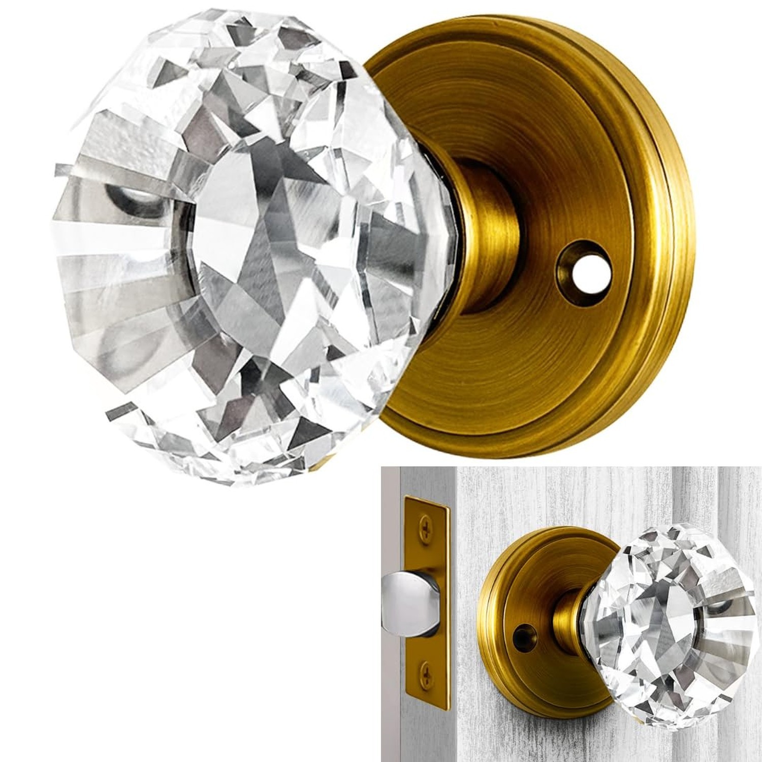 Gold Crystal Door Knob, Glass Door Knobs Interior Non-Locking Set, Brass Anti...