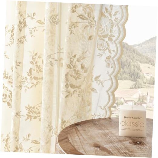 Lace Sheer Curtains 63 Inch Length Country Floral 52"W x 63"L (Pack of 2) Beige