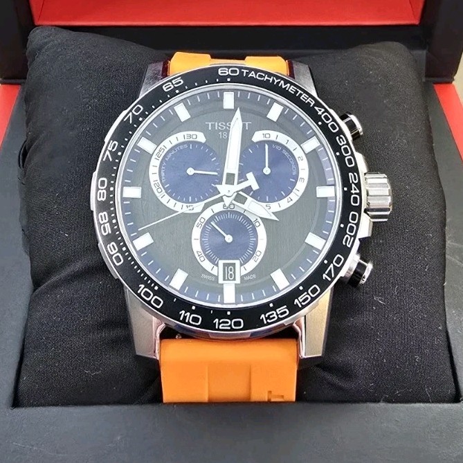 Tissot Supersport Chrono Chronograph Wristwatch Orange Rubber Band Black Dial