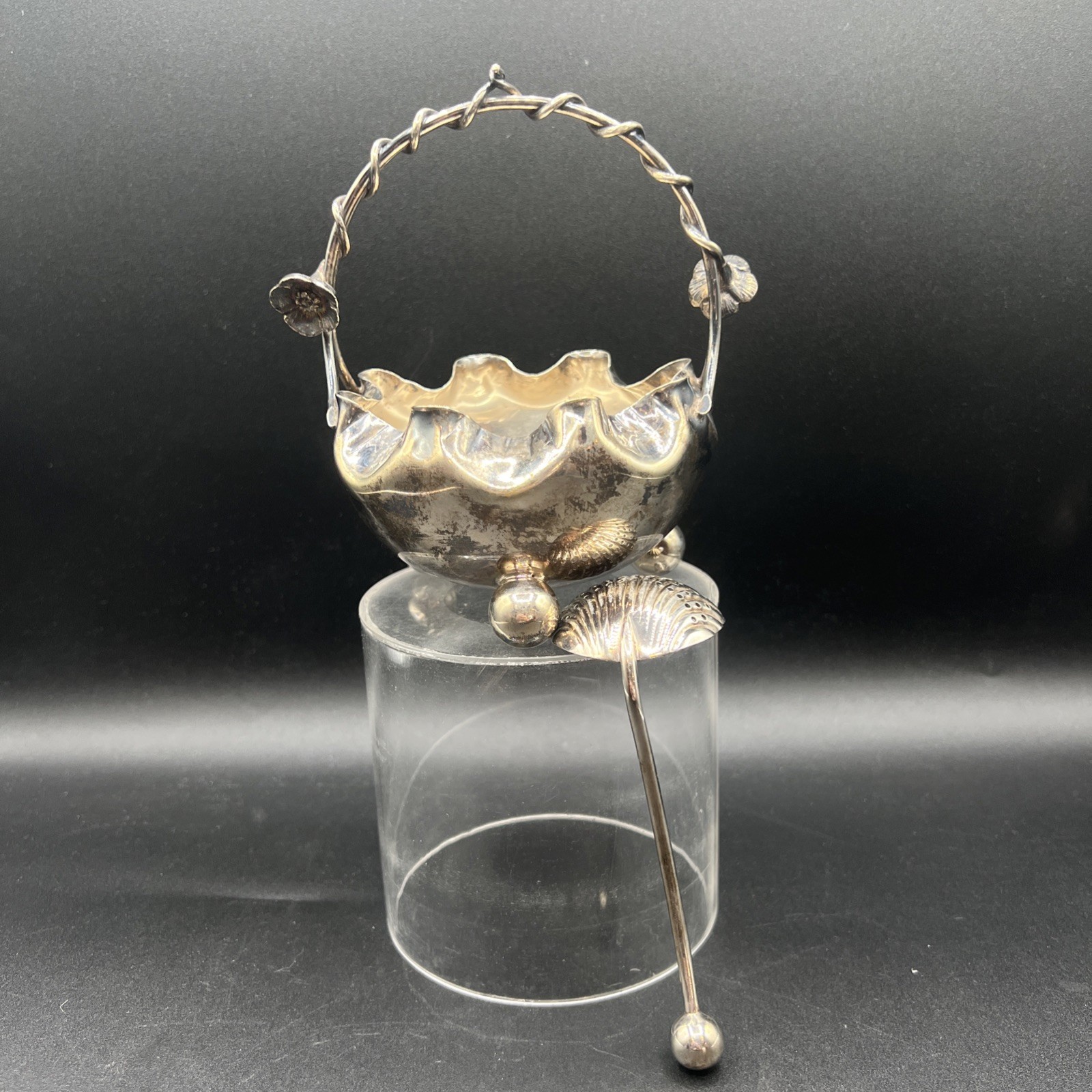 ANTIQUE SILVER PLATED Art Nouveau Floral Handle Sugar Bowl w/ Sugar Sifter Spoon