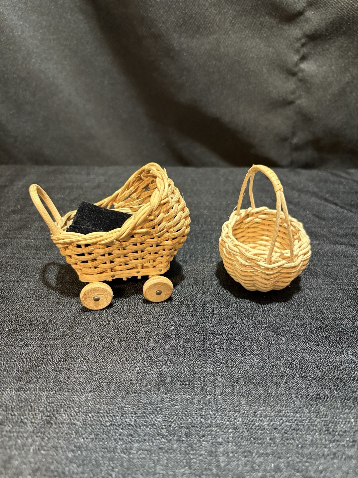 Vintage Miniature Doll House Wicker Stroller Baby Doll Carriage Buggy & basket