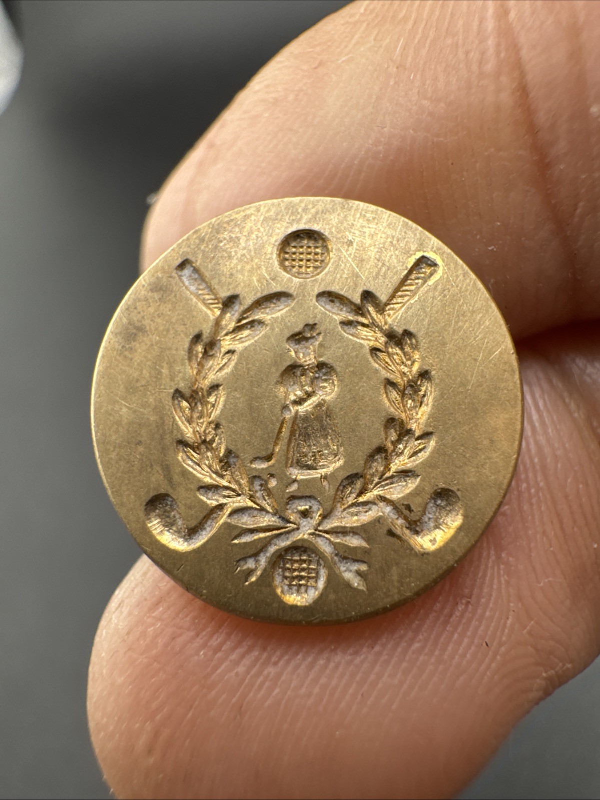 German ANTIQUE Gilt CLUB / SPORT BUTTON ~ 1890s SLEEVE Victorian WOMAN GOLFING