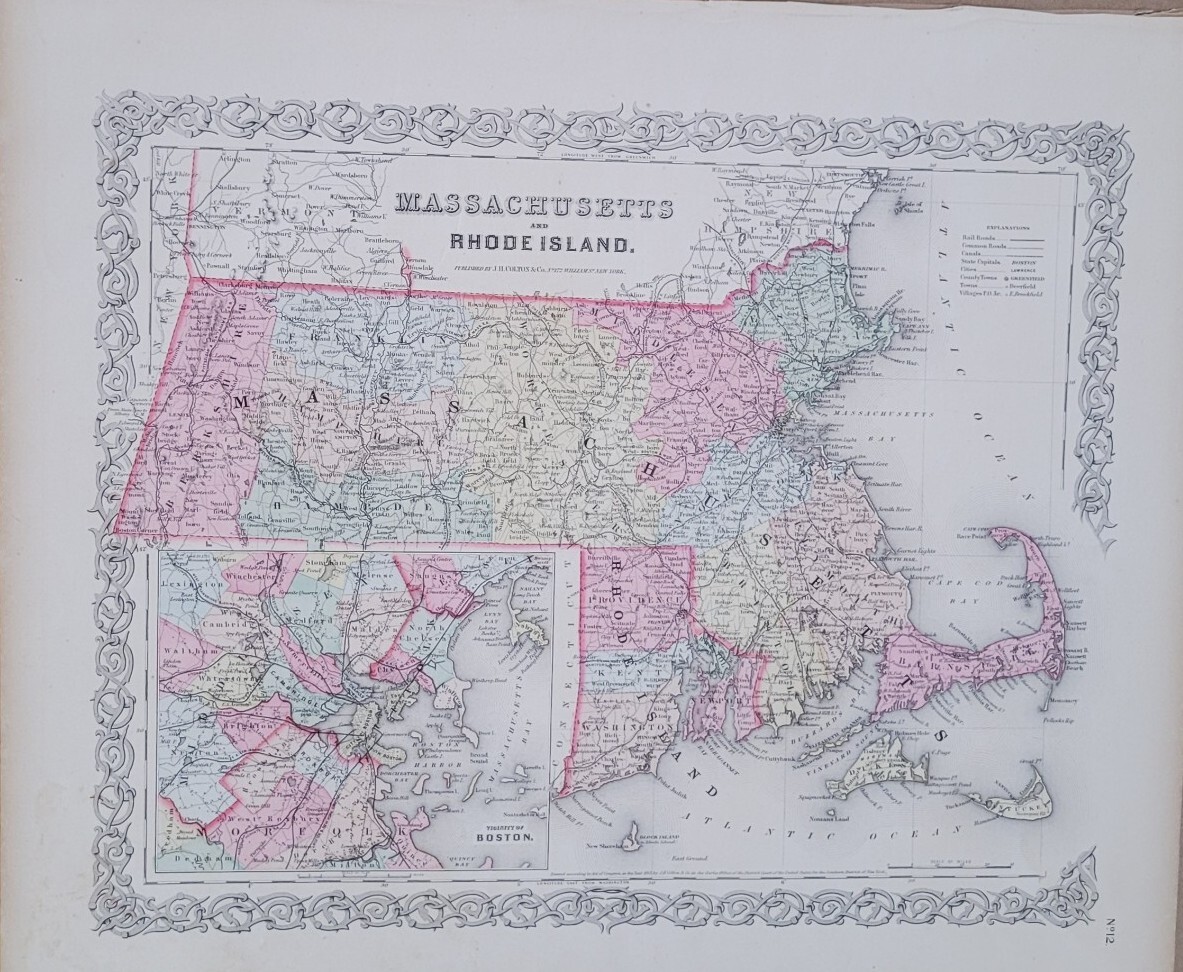 Massachusetts and Rhode Island w/ Boston inset  1st edition  Colton's Maps  1856
