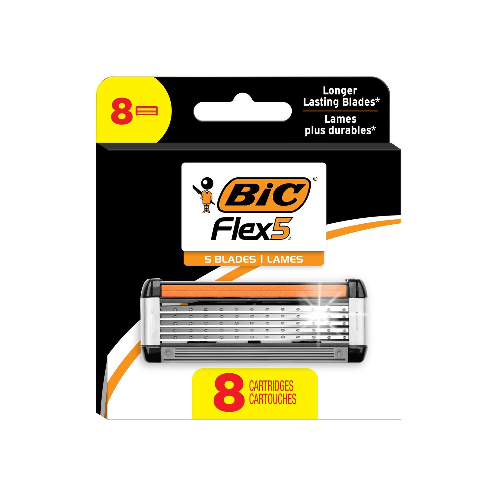 BIC Flex 5 Refillable Razors for Men, Long-Lasting 8 Count (Pack of 1), Black 