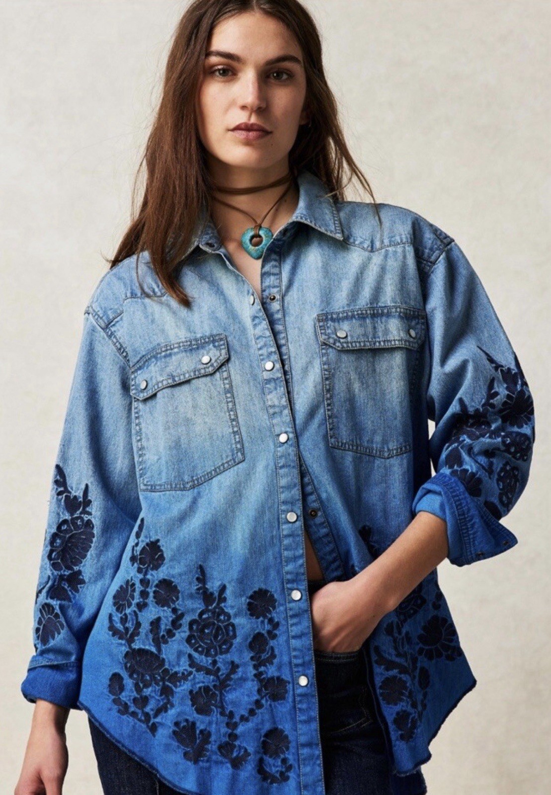 NWT Free People Deep Sea Embroidered Denim  Shirt Size Xs