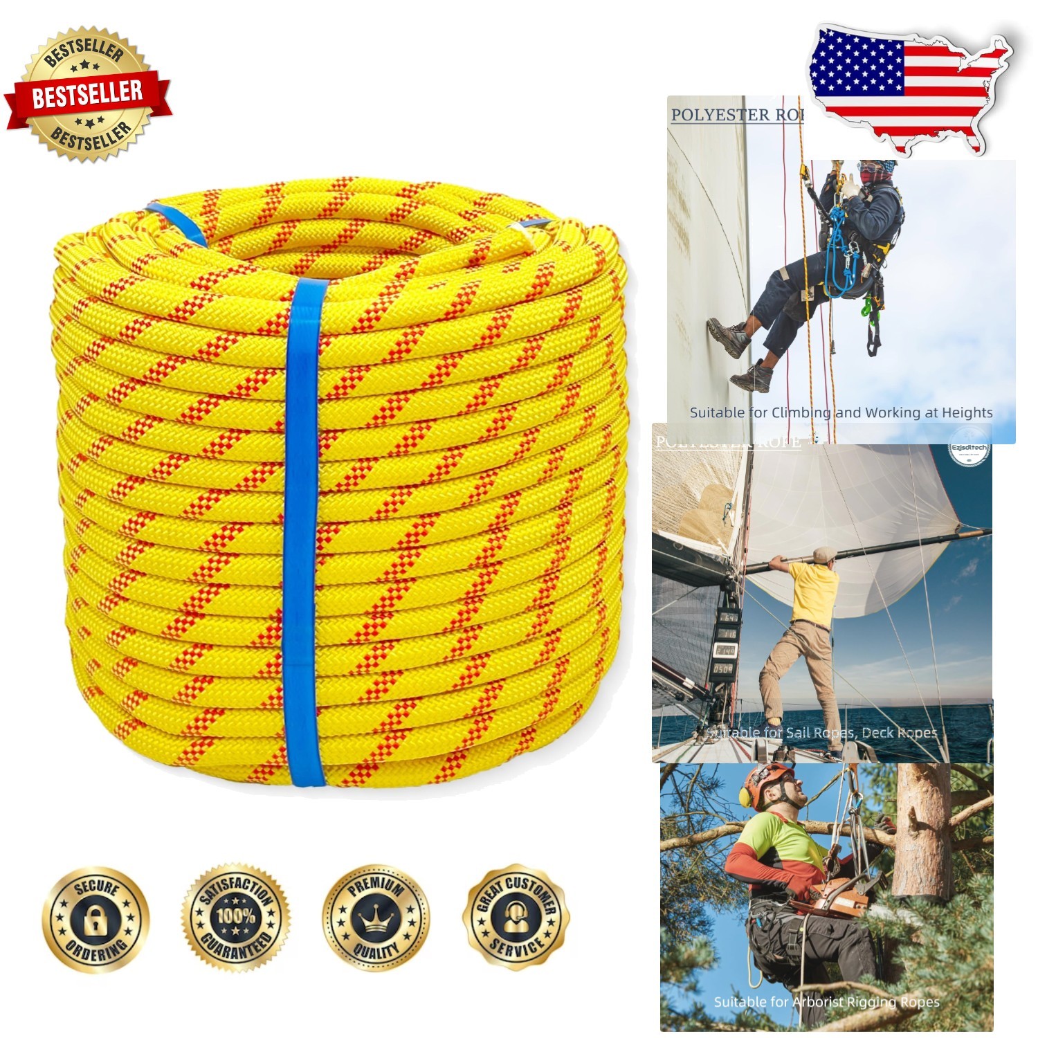 Yellow 1/2" x 150ft Polyester Climbing Rope - 48 Strand, 9000lb Tensile