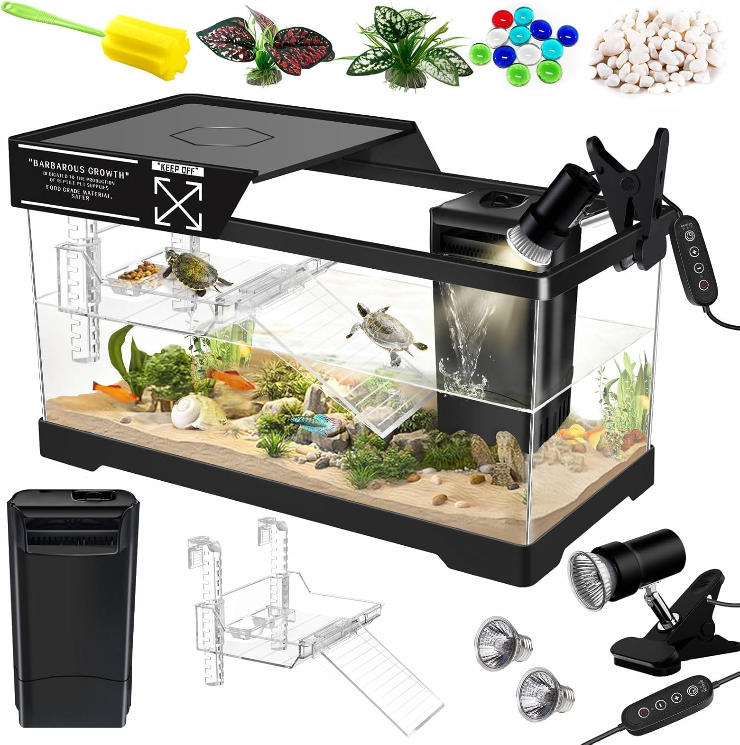 Aquatic Turtle Tank Kit+Lamp+Filter, Upgrade PC Turtle Tank Starter Kit with Adj