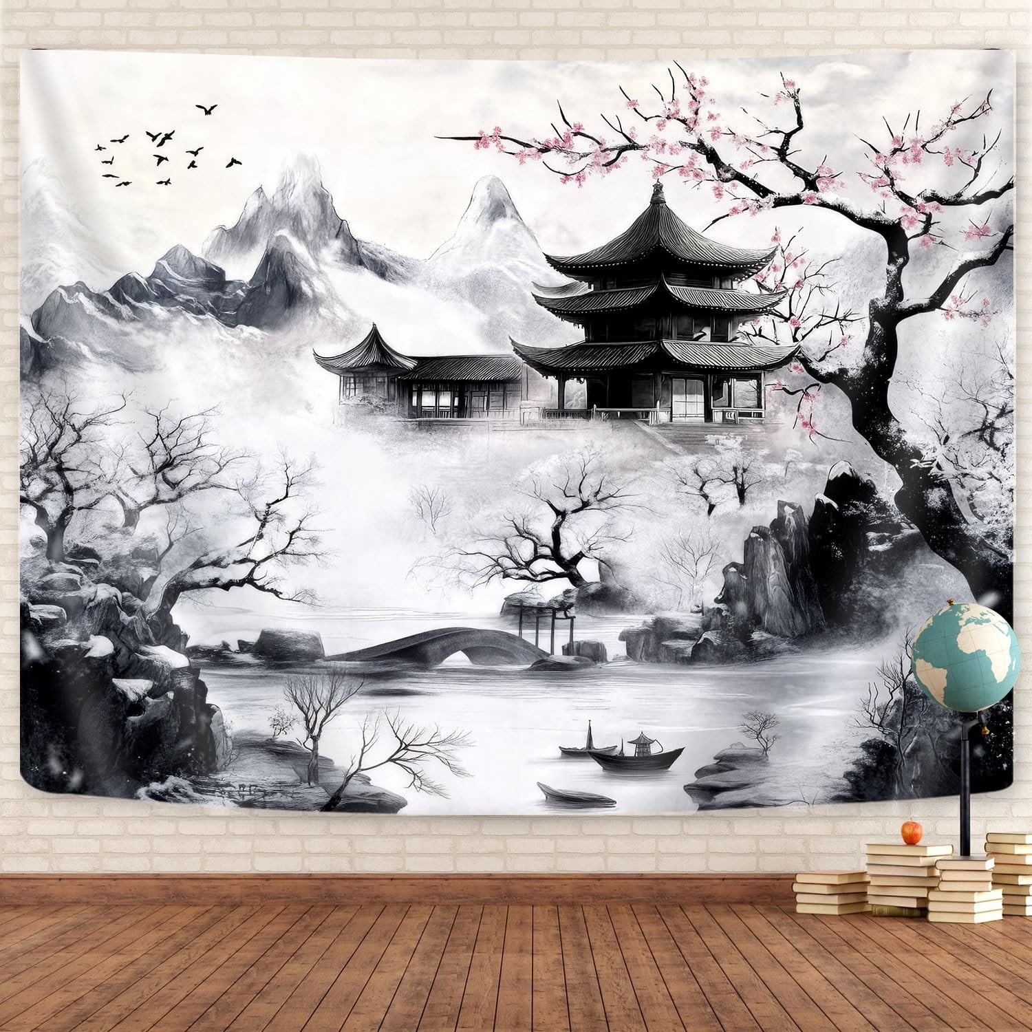 GOAOK Japanese Tapastry, Black and White Cherry Blossom Anime Wall Tapestry f...
