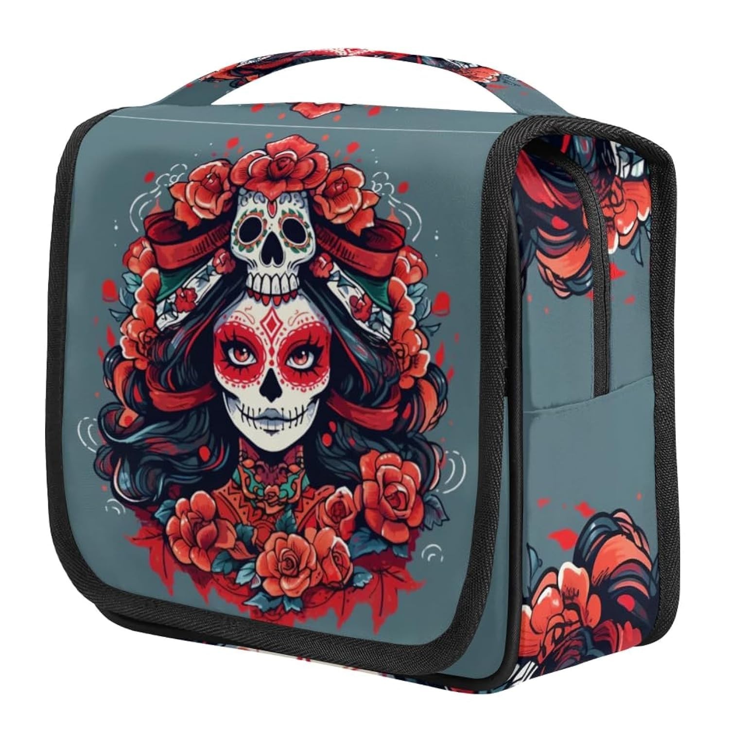 Floral Sugar Skull Travel Toiletry Bag with Hanging Hook, Waterproof Toiletri...