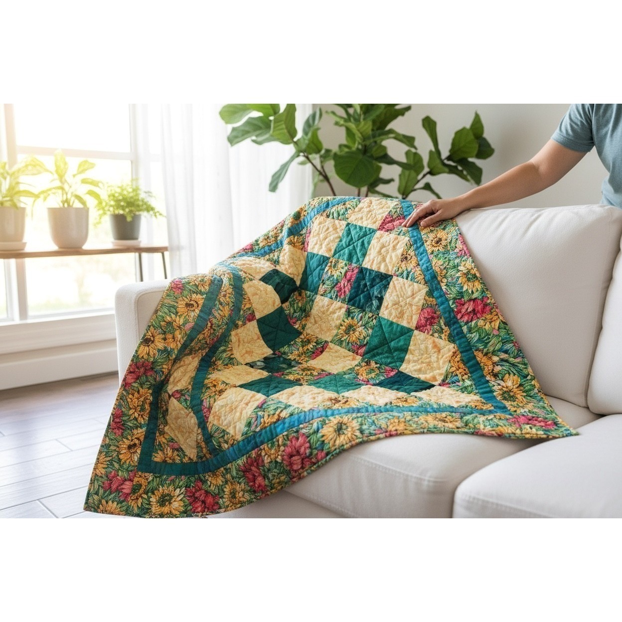 Handmade Sunflower Patchwork Quilt Floral Reversible Throw Blanket Farmhouse