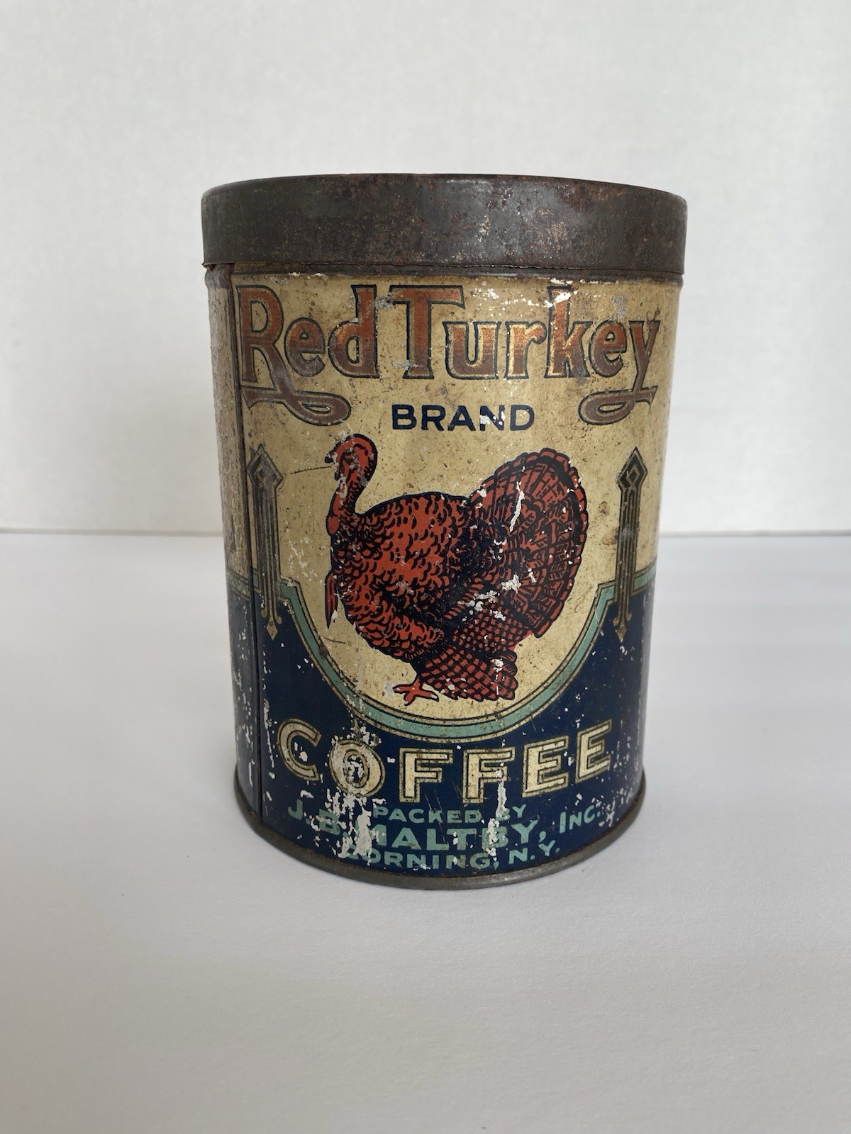 Vintage Red Turkey Coffee Tin 1 lb, J. B. Maltby Inc., Corning, NY