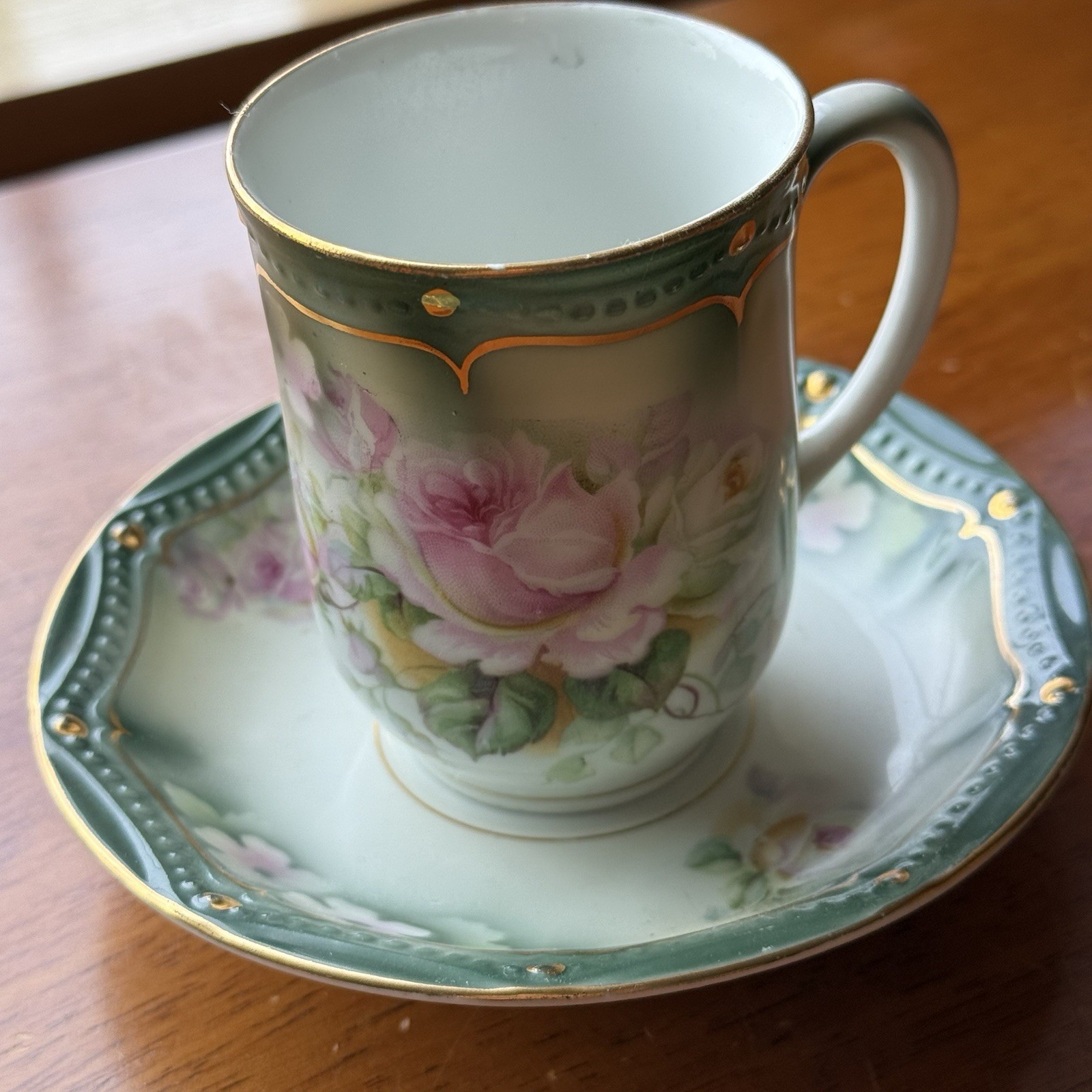 Vintage Chocolate Demitasse Cup & Saucer P.K. Silesia Germany Pink Roses