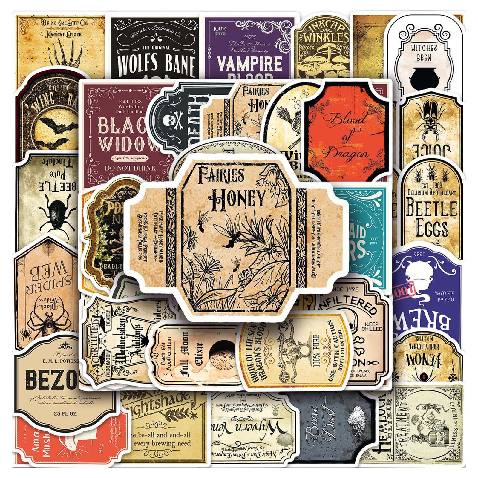 50 Stickers 1.5” Tall Halloween Witch Potion Bottle Label Apothecary Eye Of Newt