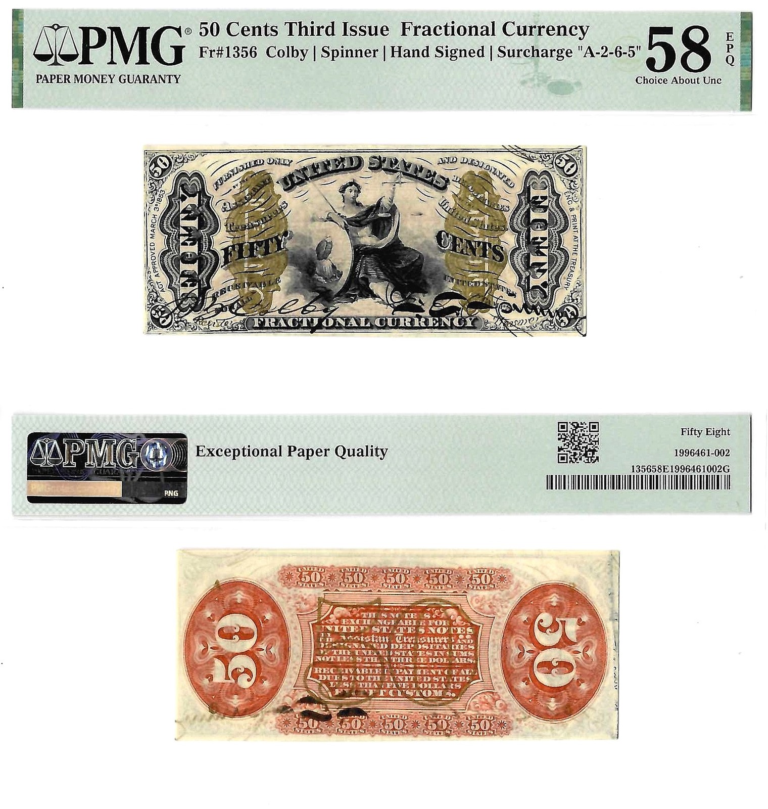 50 Cents Third Issue Fractional Currency Fr. 1356 PMG Choice AU 58 EPQ