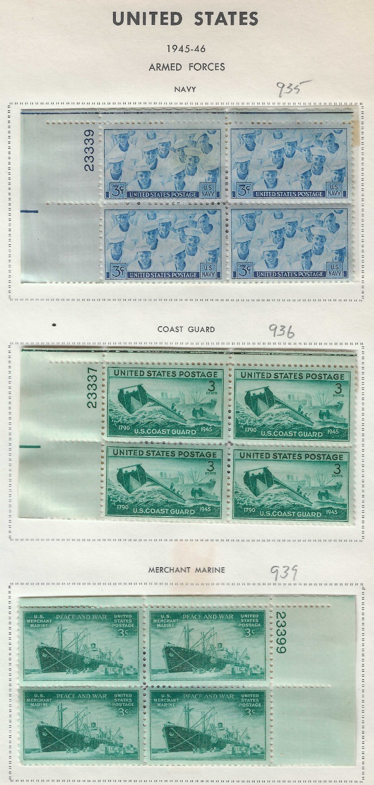 US # 935-936-339, 3c-1945 US Navy-coast guard-merchant marines, Plate Blocks