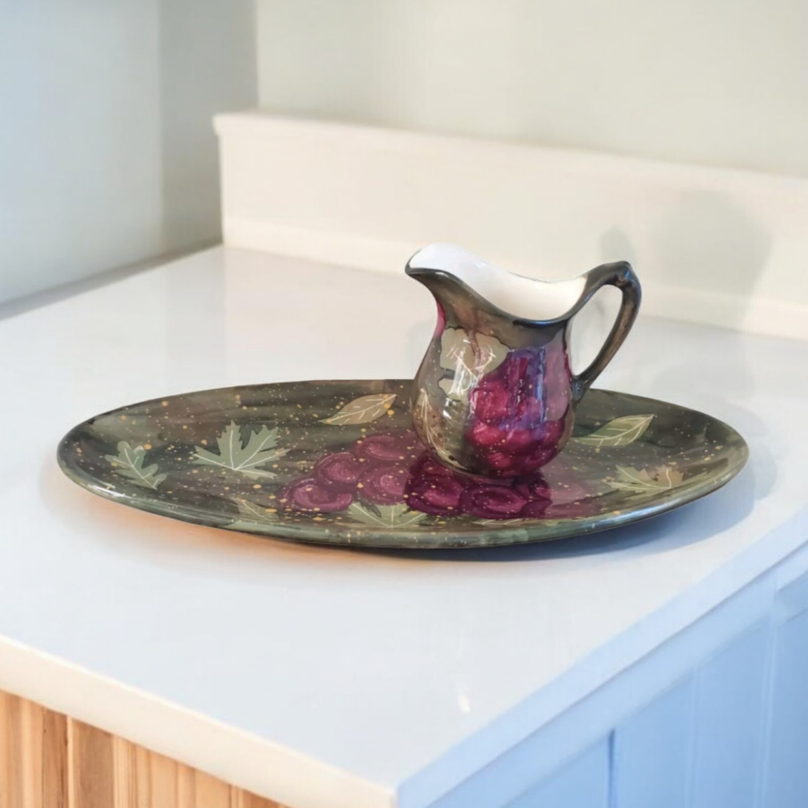 Urban Ware Ceramic Pitcher And Platter/tray Grape Cluster Leaves Glossy EUC