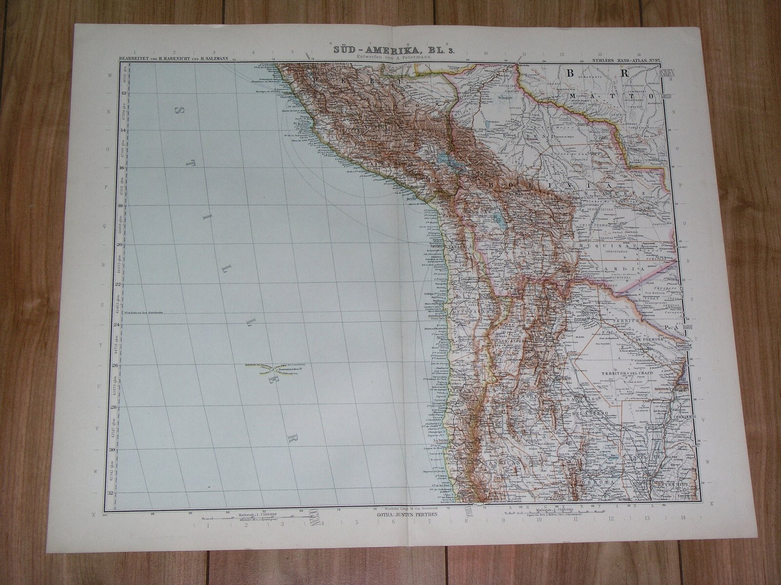 1910 ANTIQUE MAP OF PERU CHILE BOLIVIA ARGENTINA ANDES TITICACA SOUTH AMERICA