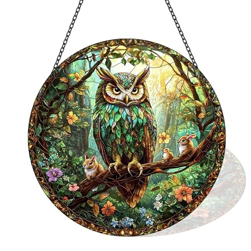 Stained Glass Window Hanging Decortions, Handmade Double-Sided Owl