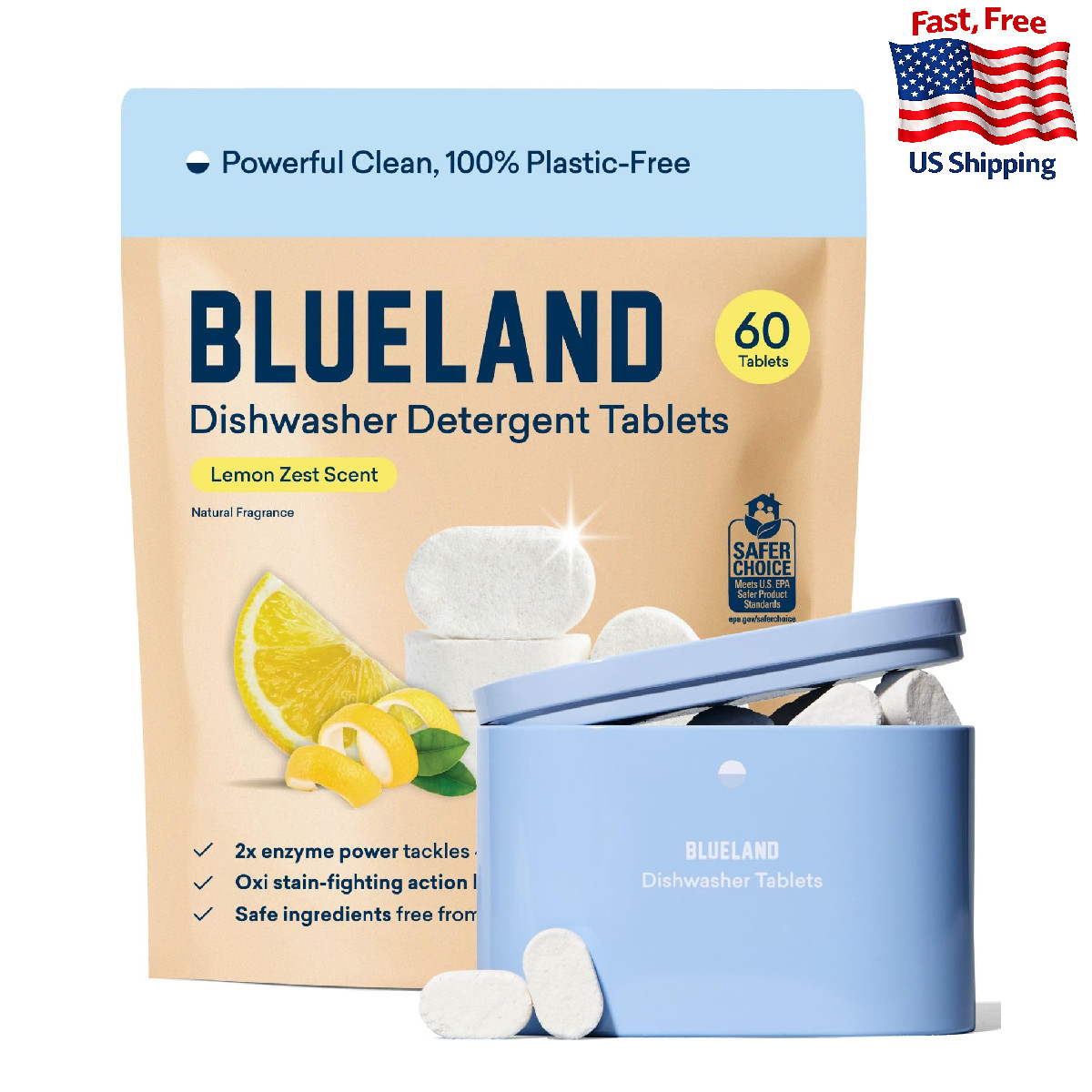 BlueLand 100% Plastic-Free Dishwasher Detergent Tablets Starter Set 60 Ct Lemon