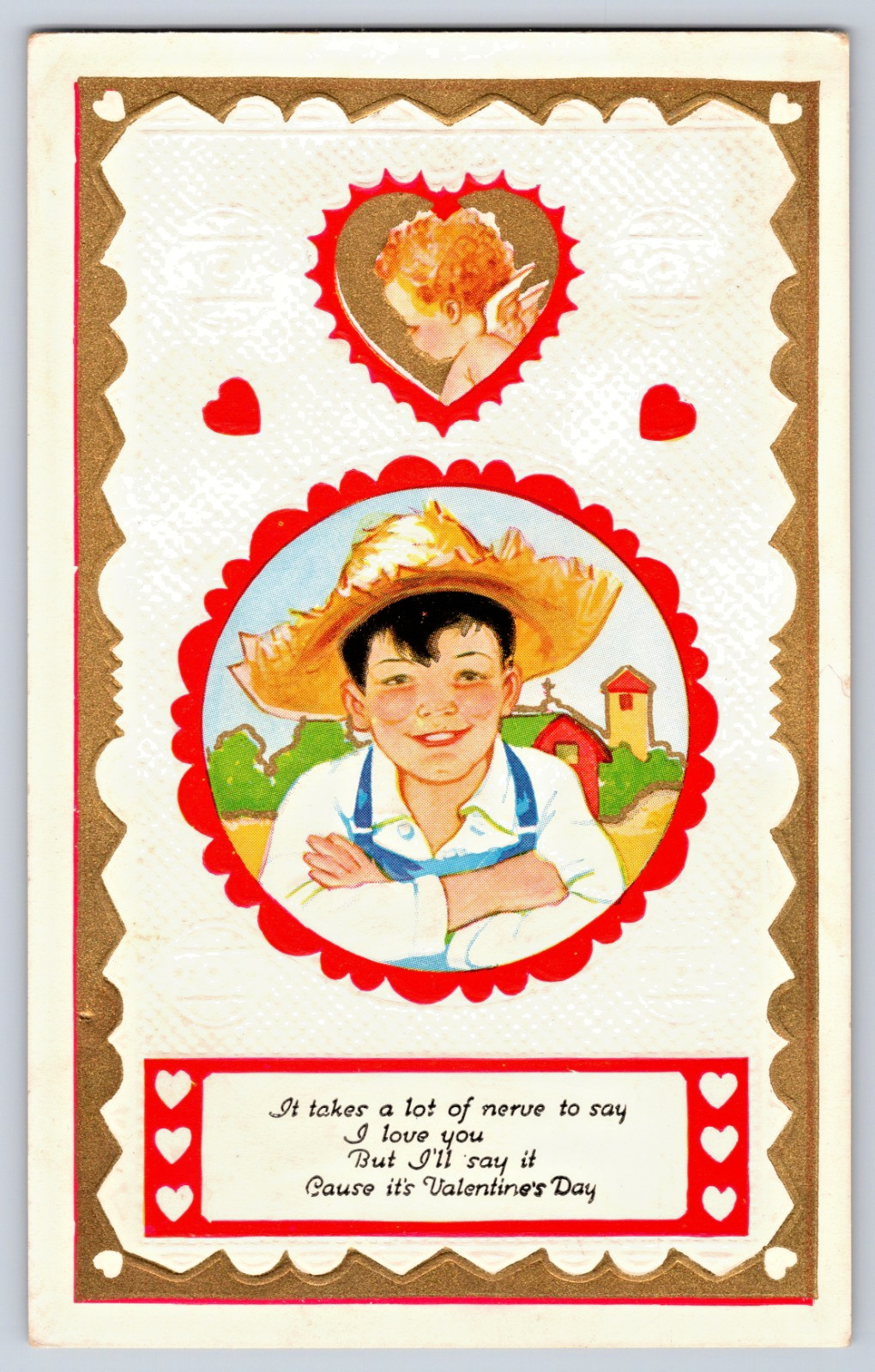Valentine's Day Boy Straw Hat Takes A Lot Of Nerve I Love You 1910s Postcard