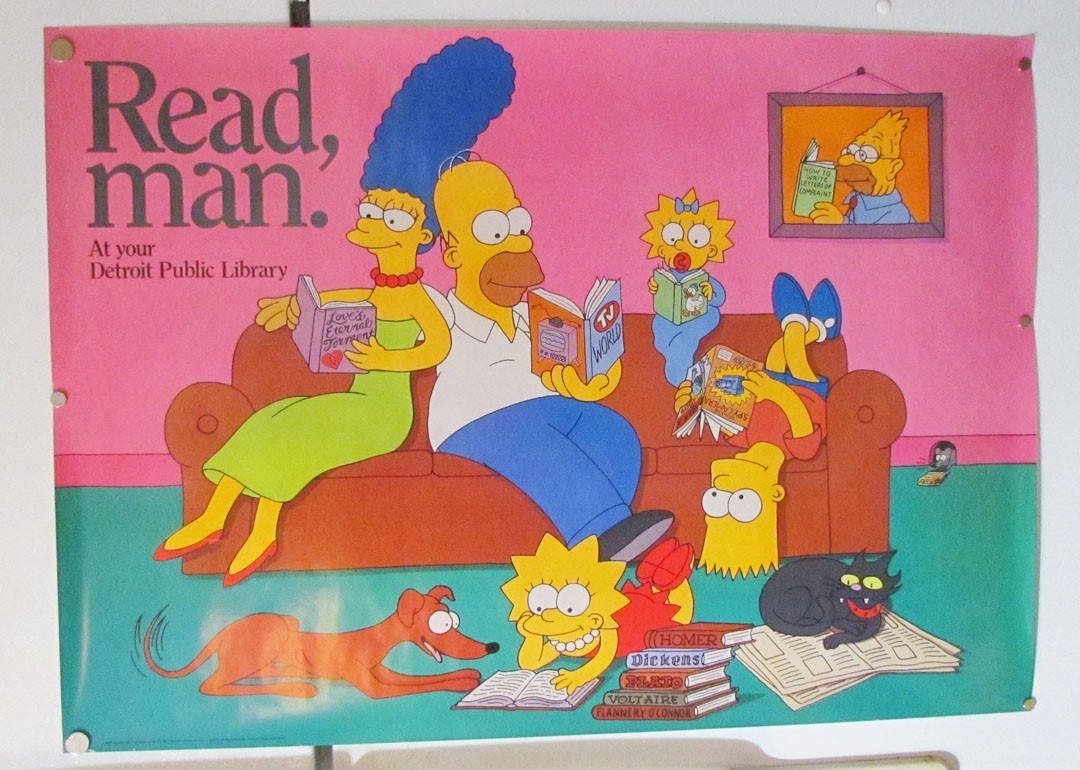 THE SIMPSONS 1990 READ, MAN AT YOUR DETROIT PUBLIC LIBRARY POSTER VINTAGE 22x31
