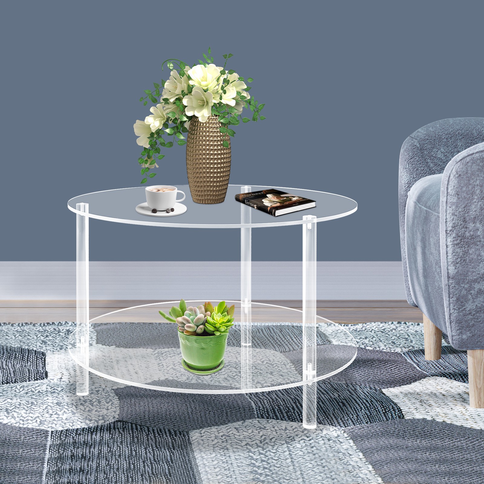 Modern Acrylic 2-tier Coffee Table Living Room Round End Table With Storage Rack