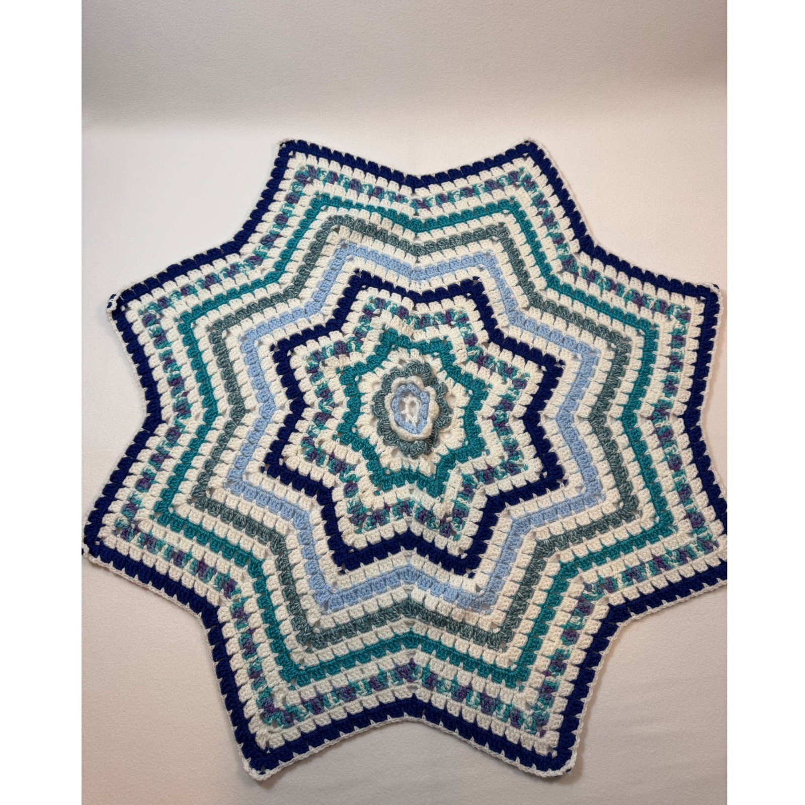 Handmade Crochet Star Baby Blanket Unisex 35in Blue White Teal Purple