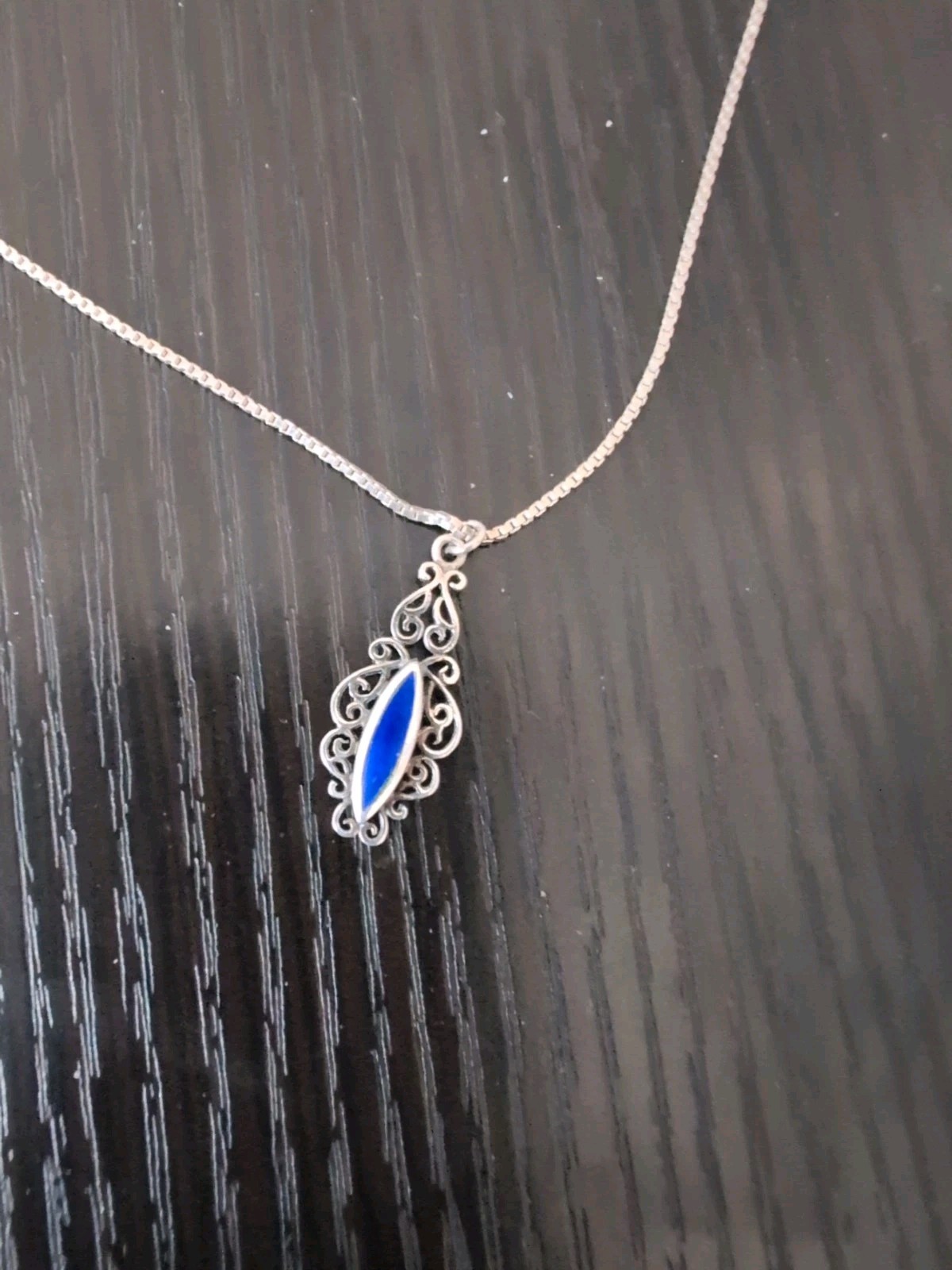 Sterling silver necklace, 925 box chain 30" filigree pendant lapis