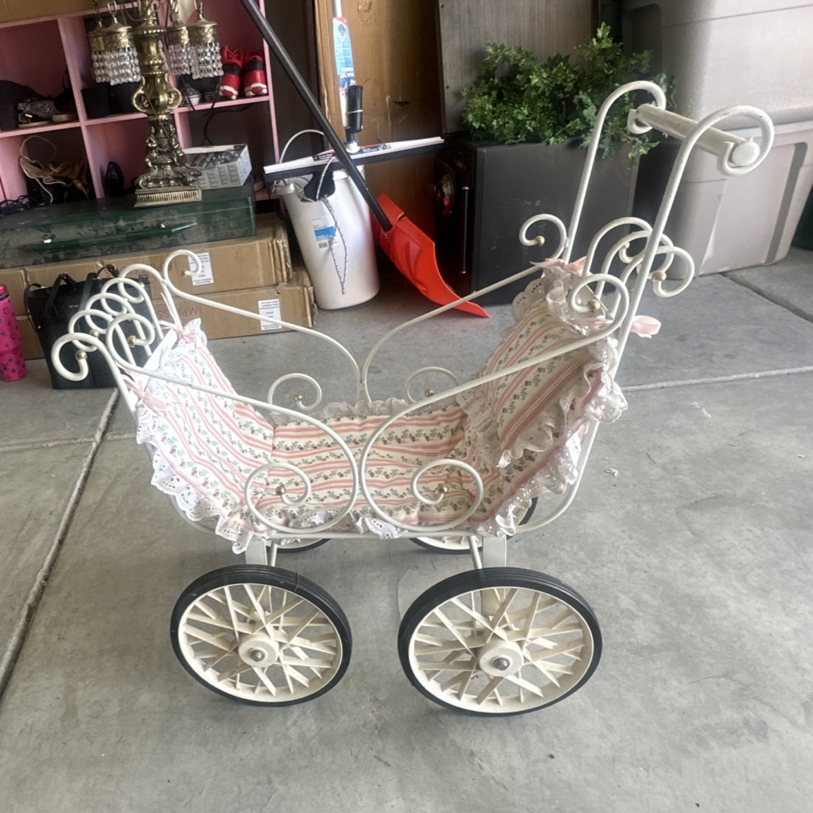 Vintage Metal Baby Carriage White Pink Fabric Collectible