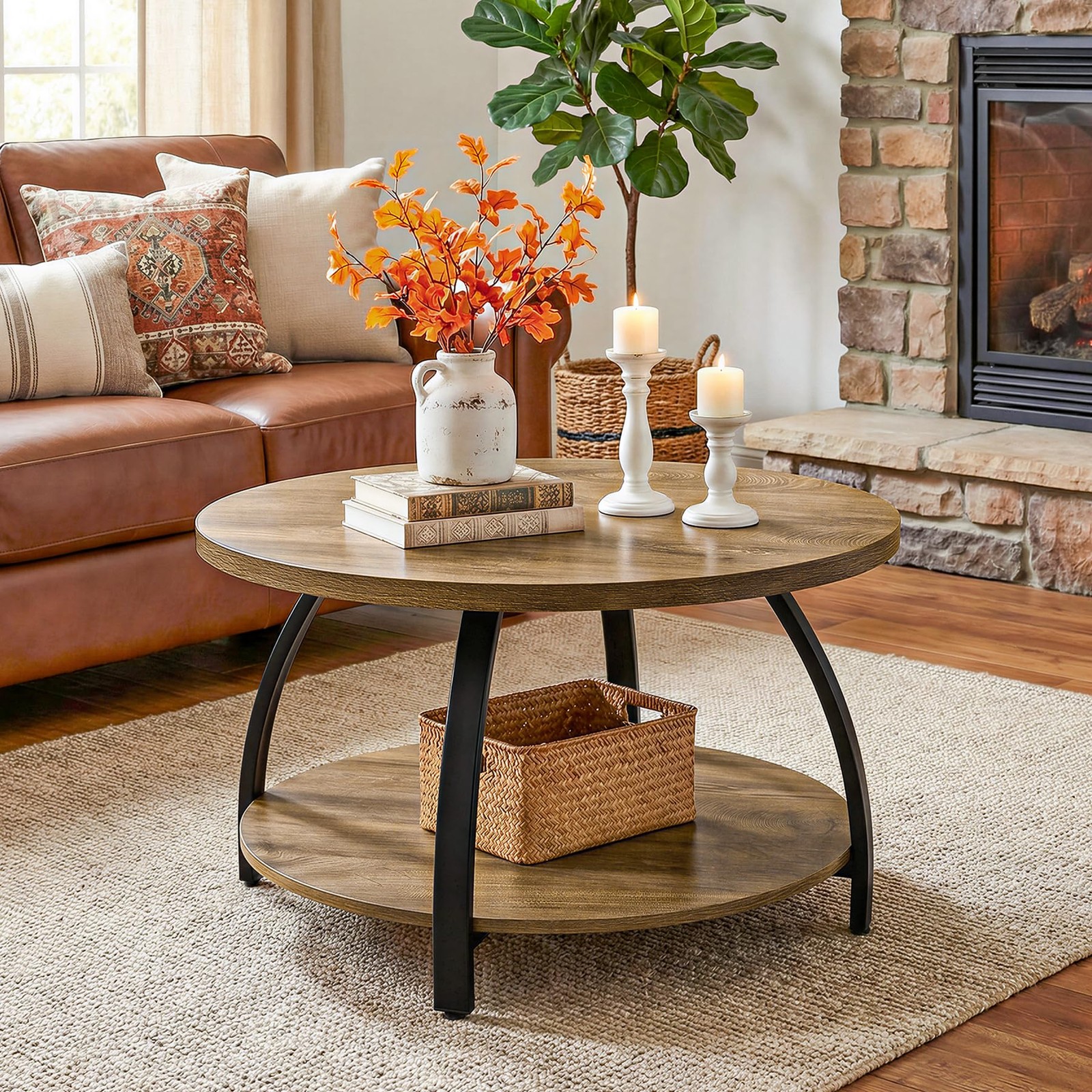 Farmhouse Round Cocktail Table Rustic Brown Black Easy Assembly