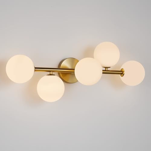 Gold Bathroom Vanity Light Fixtures: Modern Bath 5 Lights G9 Gold Milk Glass
