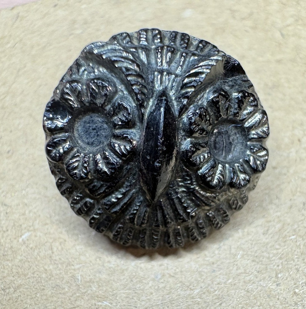 Antique Victorian Black Glass Button Owl Face w/ Silver Luster