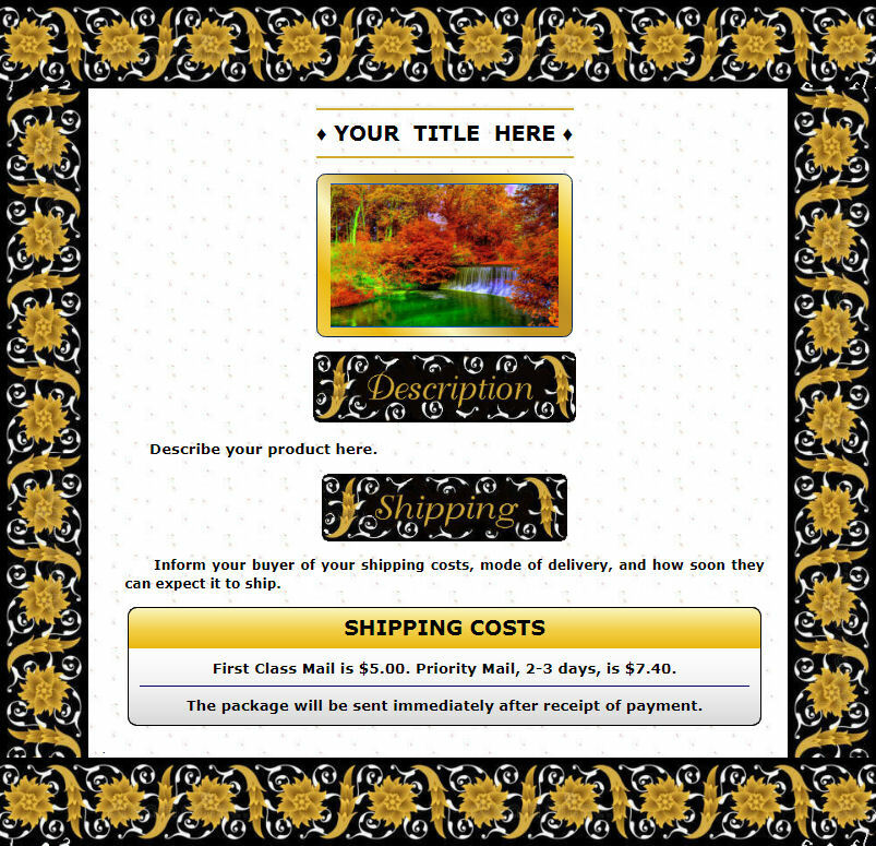 AUCTION TEMPLATE Gold Roses Leafs Flourishes Border Frame Design - FREE SHIPPING