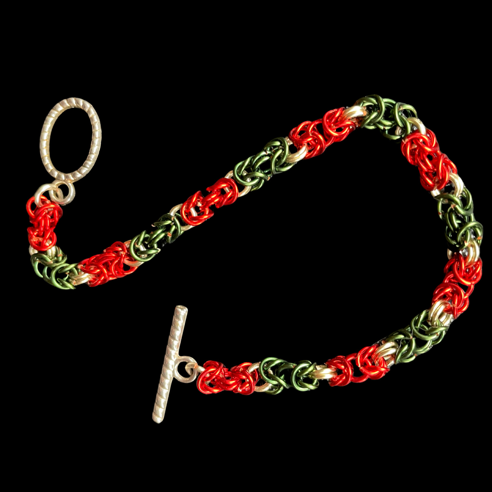Red, Green & Silver Tone Byzantine Weave Chainmaille Bracelet, 8 inches
