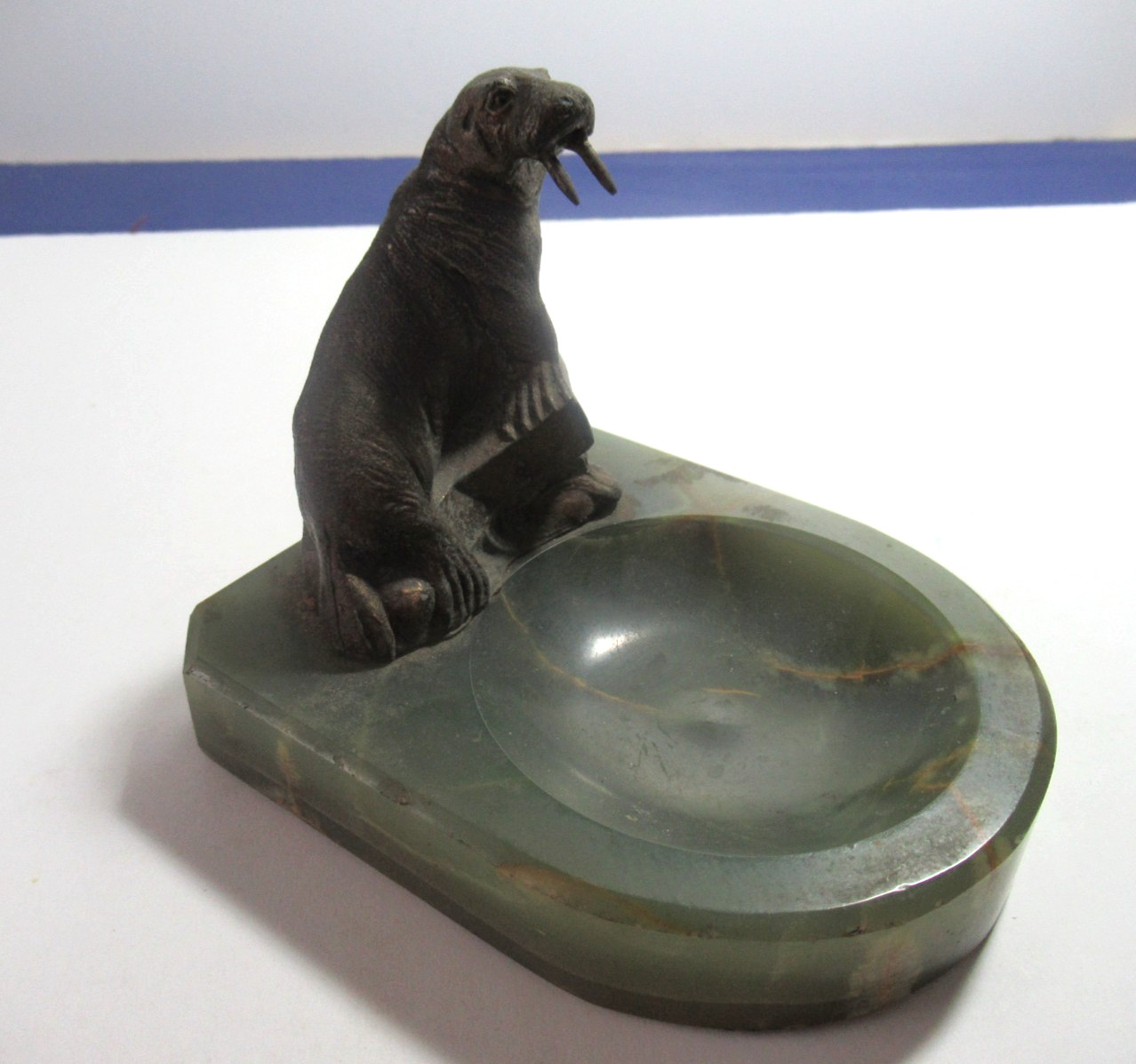 Vintage Art Deco Ashtray - Green Onyx With Bronze Sea Lion