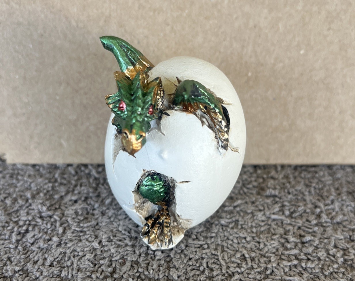 Fossil Green Dragon Hatchling Breaking Out Of Egg Shell Figurine-LR