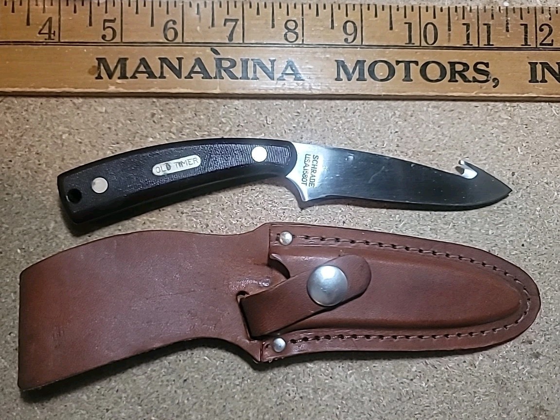 Schrade Old Timer 158OT Vintage Fixed Blade Knife W/Gut Hook and Leather Sheath
