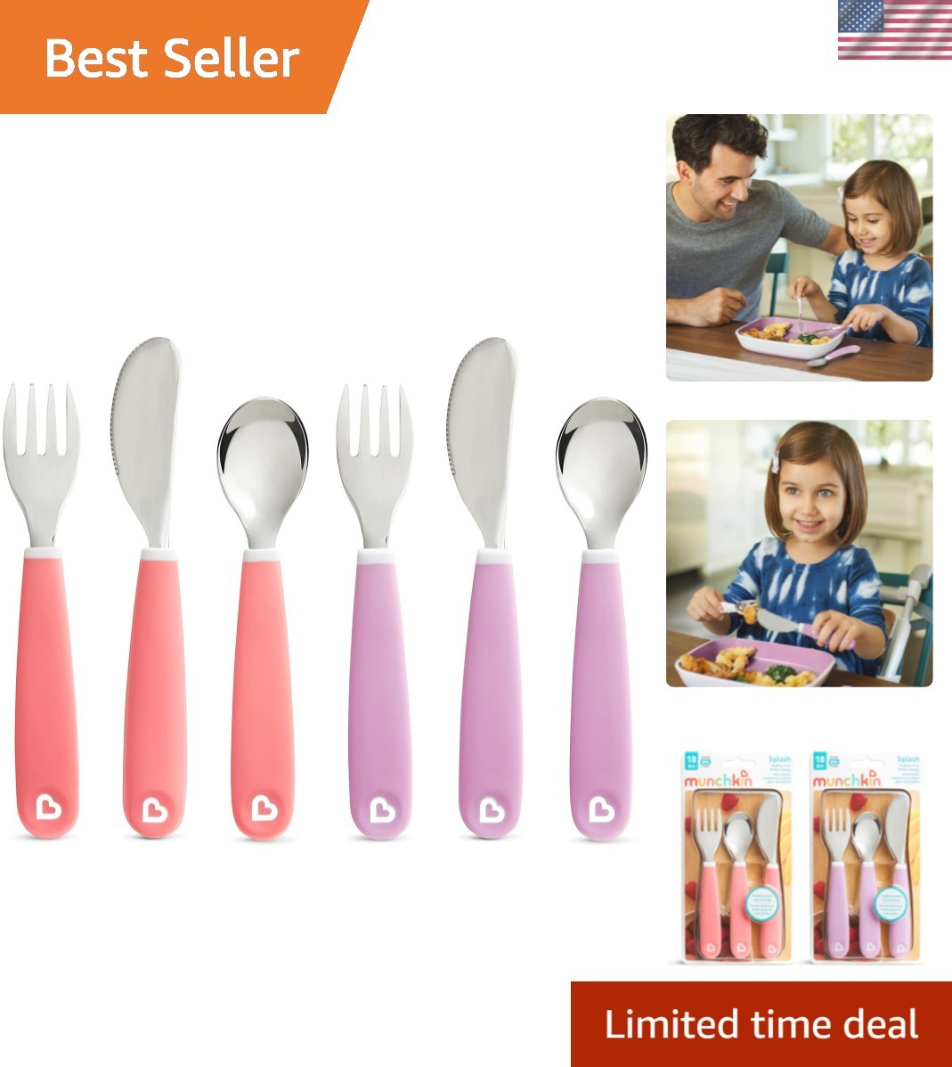 Splash Toddler Fork, Knife and Spoon Utensil Set, 6 Pack, Pink/Purple